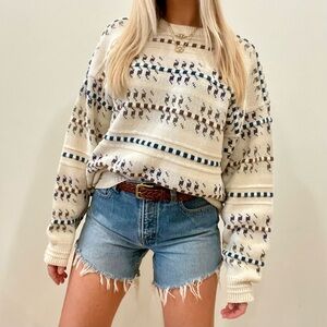 Vintage Geometric Abstract Patterned Textured Crewneck Sweater in Cream
